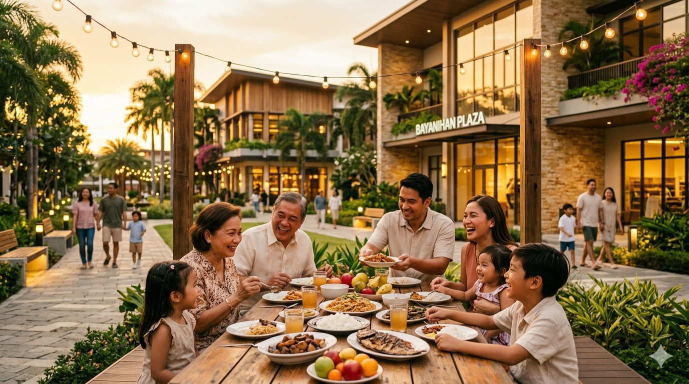 A warm Filipino home looking out onto a Pintes community at dusk